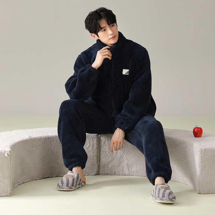 Zimski muški pidžama set s zipom: jacquard flanel, fleece podstava, stojeći ovratnik, dugi rukavi, hlače