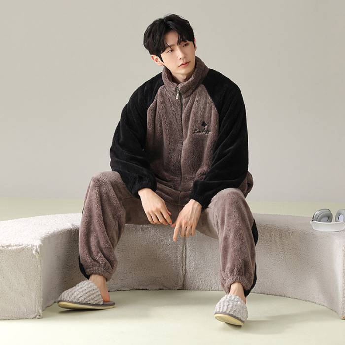 Zimski muški pidžama set s zipom: jacquard flanel, fleece podstava, stojeći ovratnik, dugi rukavi, hlače