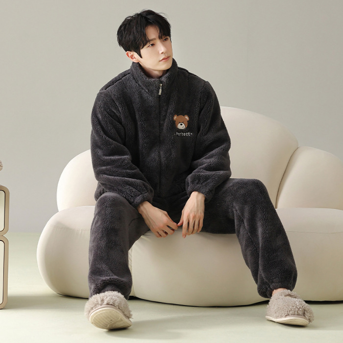 Zimski muški pidžama set s zipom: jacquard flanel, fleece podstava, stojeći ovratnik, dugi rukavi, hlače