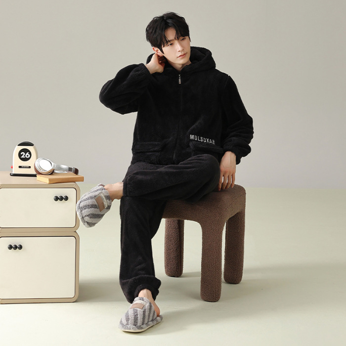 Zimski muški pidžama set s zipom: jacquard flanel, fleece podstava, stojeći ovratnik, dugi rukavi, hlače