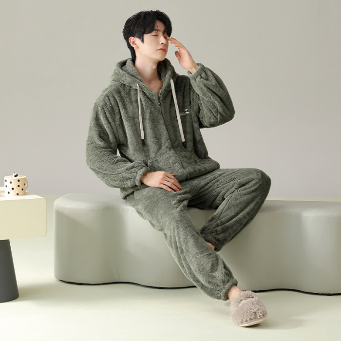 Zimski muški pidžama set s zipom: jacquard flanel, fleece podstava, stojeći ovratnik, dugi rukavi, hlače