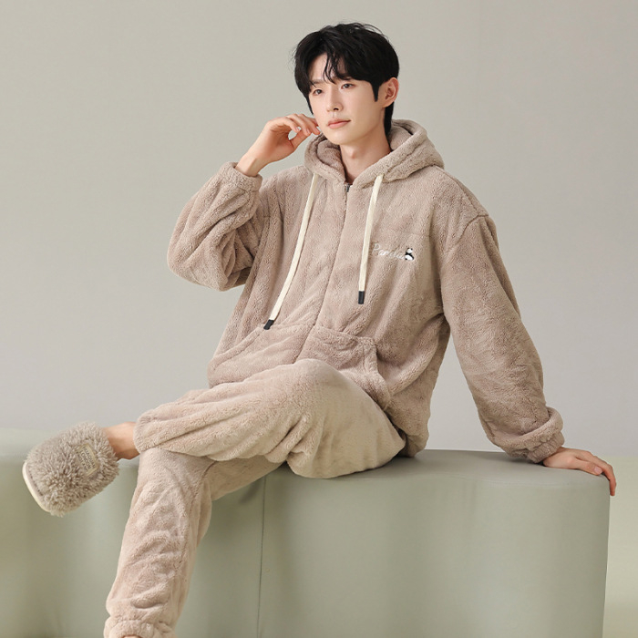 Zimski muški pidžama set s zipom: jacquard flanel, fleece podstava, stojeći ovratnik, dugi rukavi, hlače