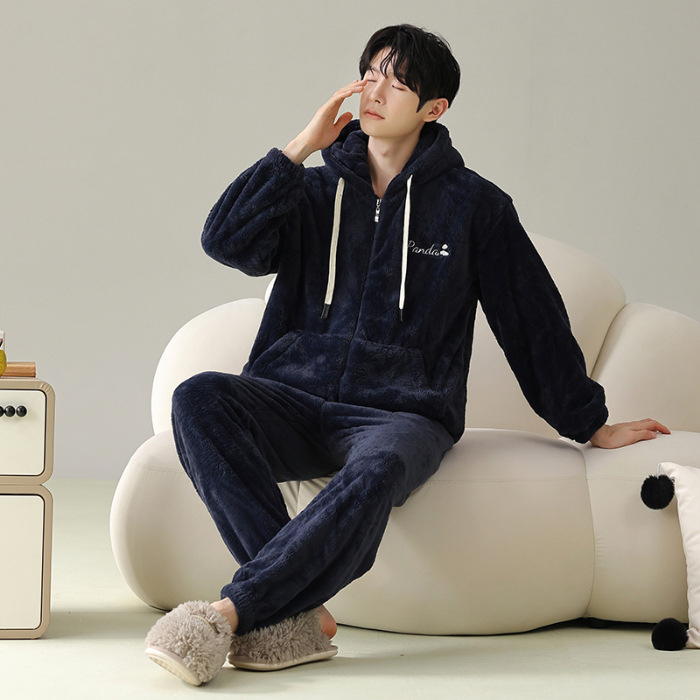 Zimski muški pidžama set s zipom: jacquard flanel, fleece podstava, stojeći ovratnik, dugi rukavi, hlače