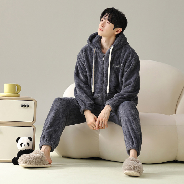 Zimski muški pidžama set s zipom: jacquard flanel, fleece podstava, stojeći ovratnik, dugi rukavi, hlače