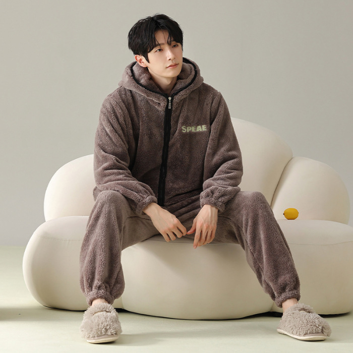 Zimski muški pidžama set s zipom: jacquard flanel, fleece podstava, stojeći ovratnik, dugi rukavi, hlače