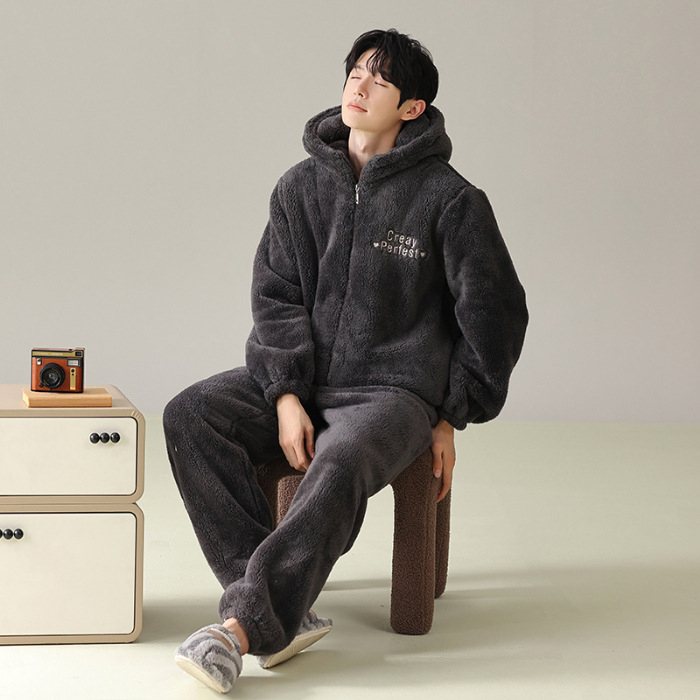 Zimski muški pidžama set s zipom: jacquard flanel, fleece podstava, stojeći ovratnik, dugi rukavi, hlače