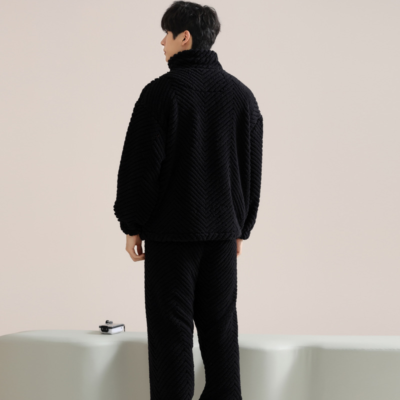 Zimski muški pidžama set s zipom: jacquard flanel, fleece podstava, stojeći ovratnik, dugi rukavi, hlače
