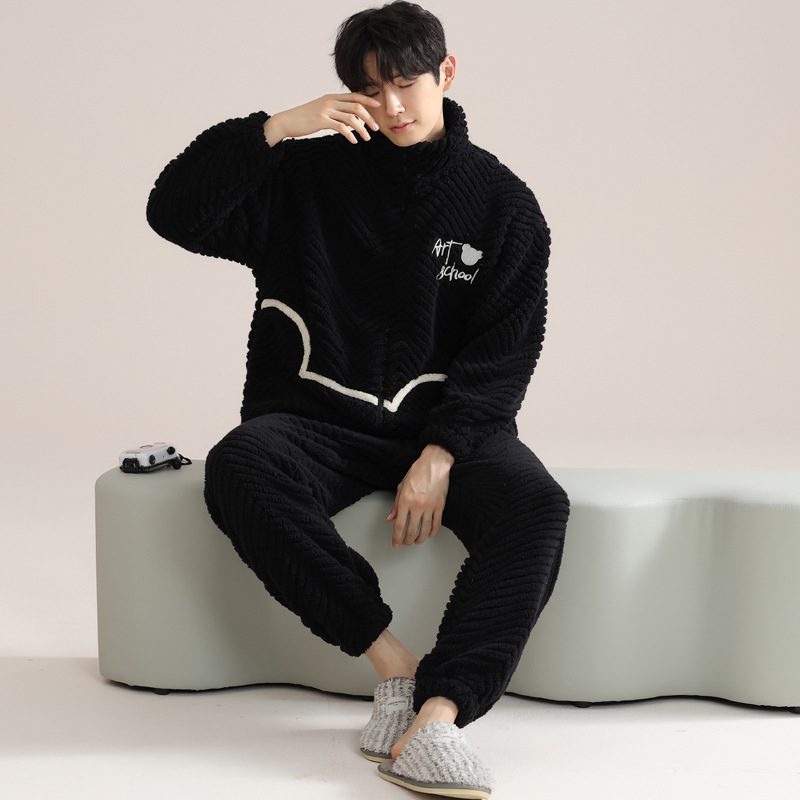 Zimski muški pidžama set s zipom: jacquard flanel, fleece podstava, stojeći ovratnik, dugi rukavi, hlače