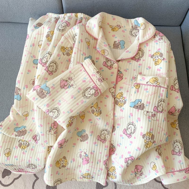 Divdaļīgs pidžamas komplekts ziemai Korejiešu stilā, Air Cotton audums, biezs, garas piedurknes un bikses, ērtas mājas apģērbs