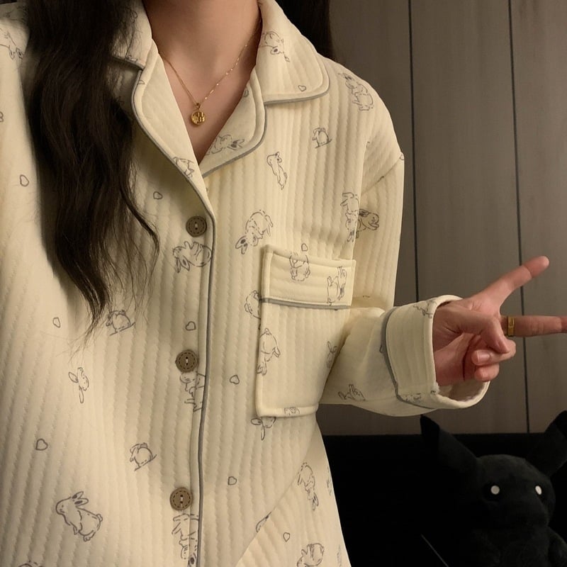 Divdaļīgs pidžamas komplekts ziemai Korejiešu stilā, Air Cotton audums, biezs, garas piedurknes un bikses, ērtas mājas apģērbs