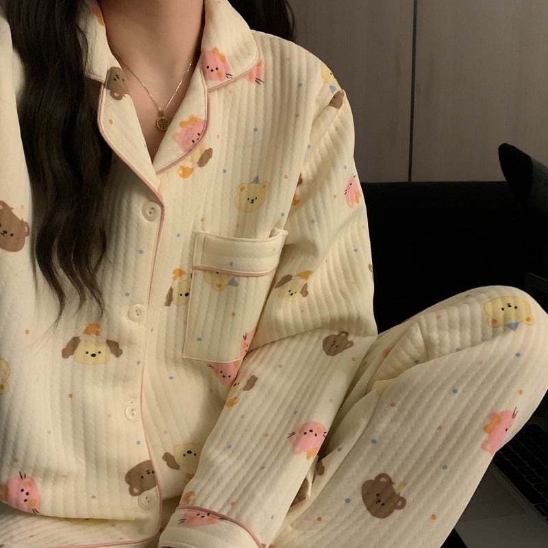 Divdaļīgs pidžamas komplekts ziemai Korejiešu stilā, Air Cotton audums, biezs, garas piedurknes un bikses, ērtas mājas apģērbs