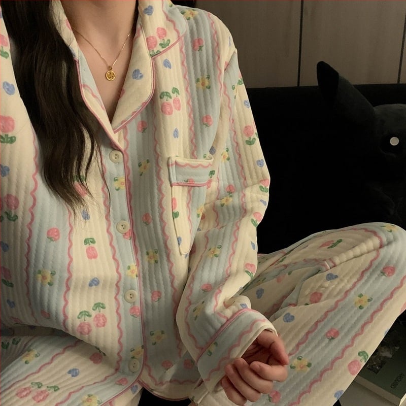 Divdaļīgs pidžamas komplekts ziemai Korejiešu stilā, Air Cotton audums, biezs, garas piedurknes un bikses, ērtas mājas apģērbs