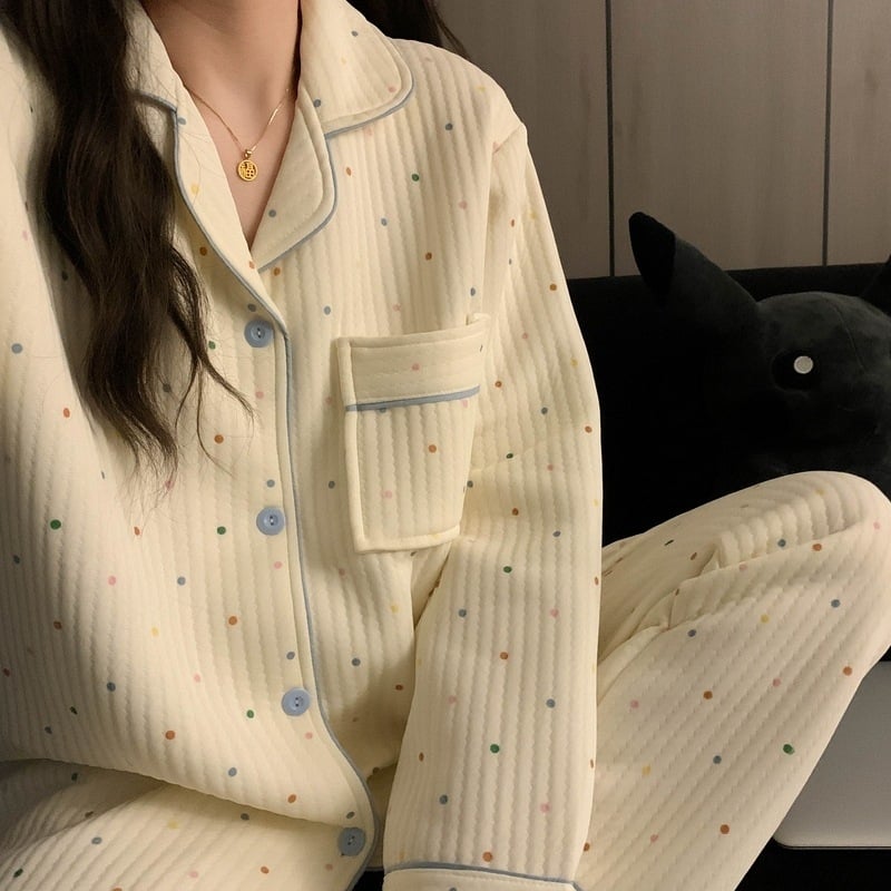 Divdaļīgs pidžamas komplekts ziemai Korejiešu stilā, Air Cotton audums, biezs, garas piedurknes un bikses, ērtas mājas apģērbs