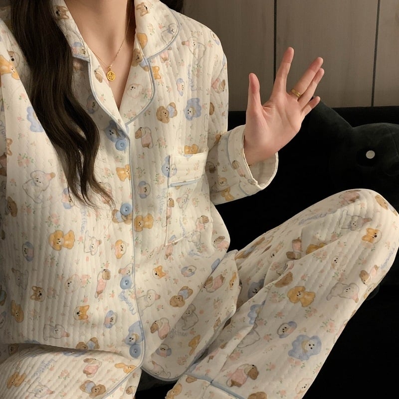 Divdaļīgs pidžamas komplekts ziemai Korejiešu stilā, Air Cotton audums, biezs, garas piedurknes un bikses, ērtas mājas apģērbs