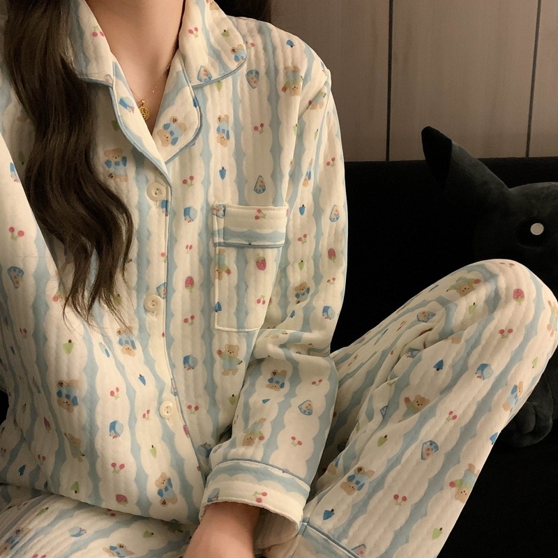 Divdaļīgs pidžamas komplekts ziemai Korejiešu stilā, Air Cotton audums, biezs, garas piedurknes un bikses, ērtas mājas apģērbs