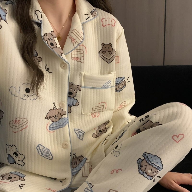 Divdaļīgs pidžamas komplekts ziemai Korejiešu stilā, Air Cotton audums, biezs, garas piedurknes un bikses, ērtas mājas apģērbs