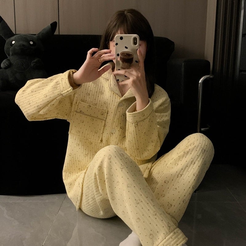 Divdaļīgs pidžamas komplekts ziemai Korejiešu stilā, Air Cotton audums, biezs, garas piedurknes un bikses, ērtas mājas apģērbs