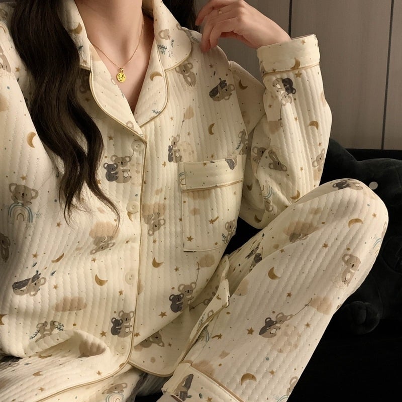 Divdaļīgs pidžamas komplekts ziemai Korejiešu stilā, Air Cotton audums, biezs, garas piedurknes un bikses, ērtas mājas apģērbs