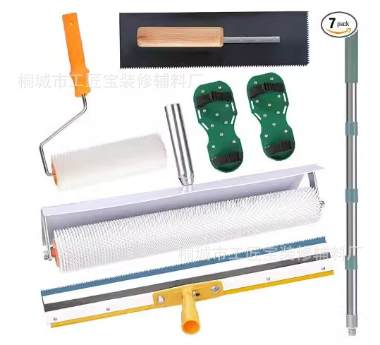 Cementes önszintező eszközkészlet buborékeltávolító görgővel, habzásgátló görgővel és szintező kapával — 5 részes fém/plasztikus készlet háztartási használatra