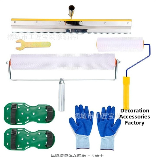 Set nástrojov pre cementové samo nivelovanie s valčekom na odstraňovanie bublín, defómingový valček a vyrovnávacou škrabkou — 5-dielny kovovo-plastový set pre domáce použitie