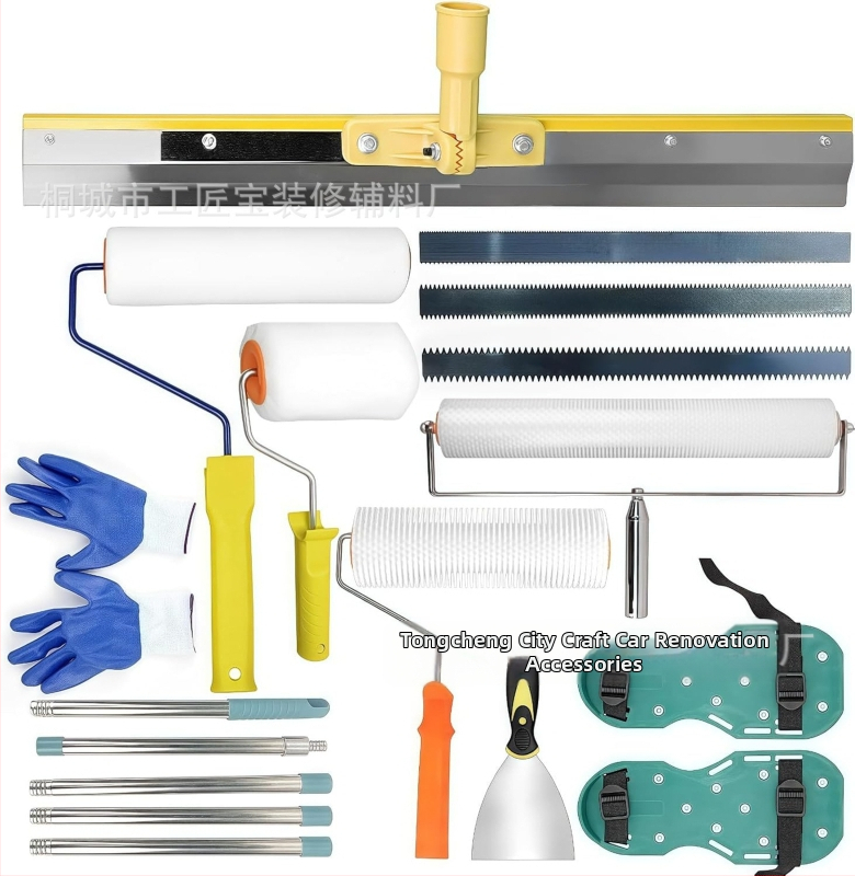 Set nástrojov pre cementové samo nivelovanie s valčekom na odstraňovanie bublín, defómingový valček a vyrovnávacou škrabkou — 5-dielny kovovo-plastový set pre domáce použitie