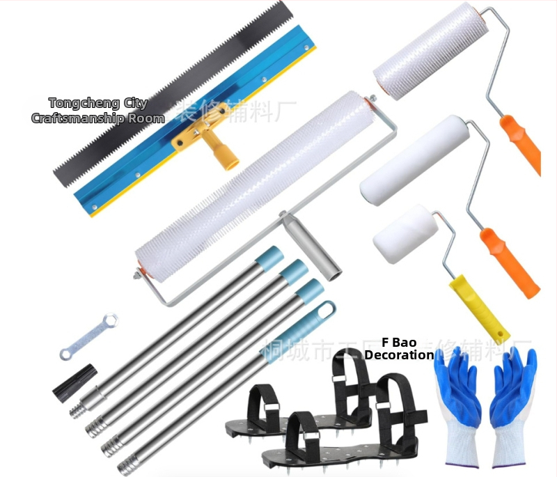 Set nástrojov pre cementové samo nivelovanie s valčekom na odstraňovanie bublín, defómingový valček a vyrovnávacou škrabkou — 5-dielny kovovo-plastový set pre domáce použitie