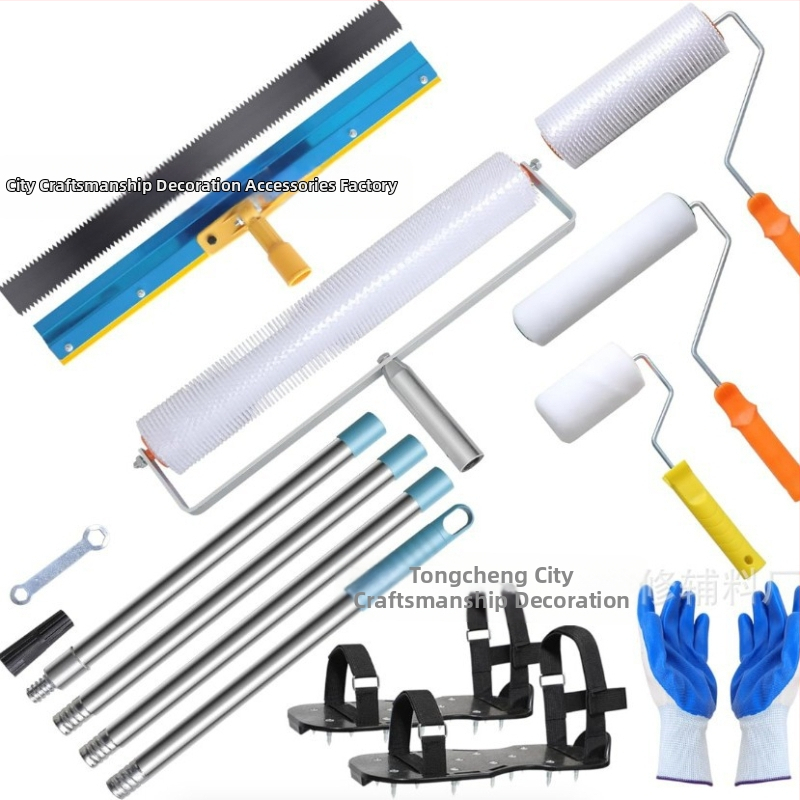 Set nástrojov pre cementové samo nivelovanie s valčekom na odstraňovanie bublín, defómingový valček a vyrovnávacou škrabkou — 5-dielny kovovo-plastový set pre domáce použitie