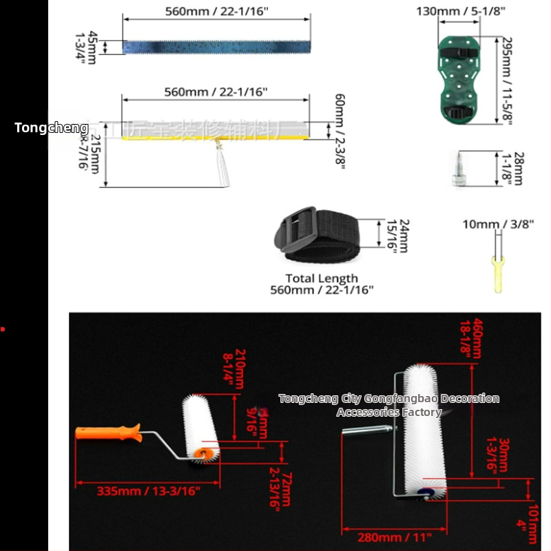 Set nástrojov pre cementové samo nivelovanie s valčekom na odstraňovanie bublín, defómingový valček a vyrovnávacou škrabkou — 5-dielny kovovo-plastový set pre domáce použitie