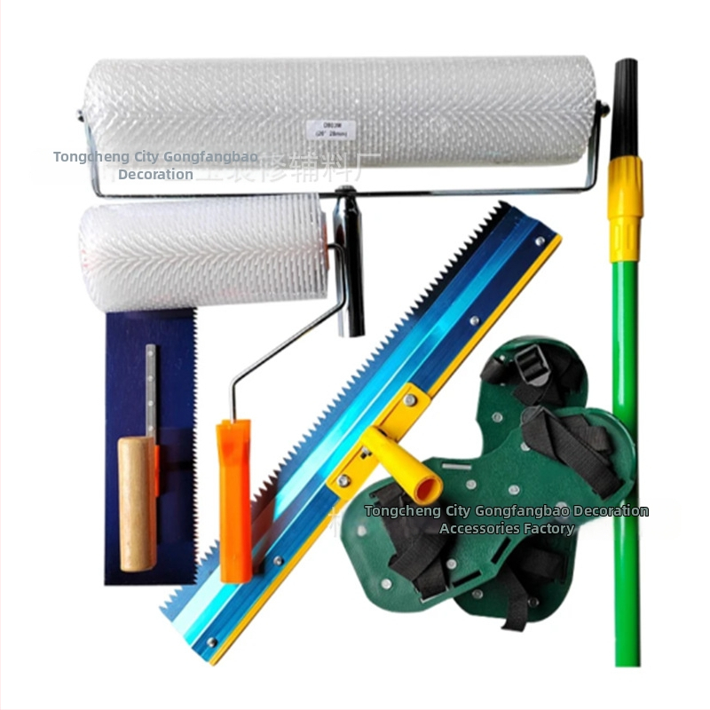 Set nástrojov pre cementové samo nivelovanie s valčekom na odstraňovanie bublín, defómingový valček a vyrovnávacou škrabkou — 5-dielny kovovo-plastový set pre domáce použitie