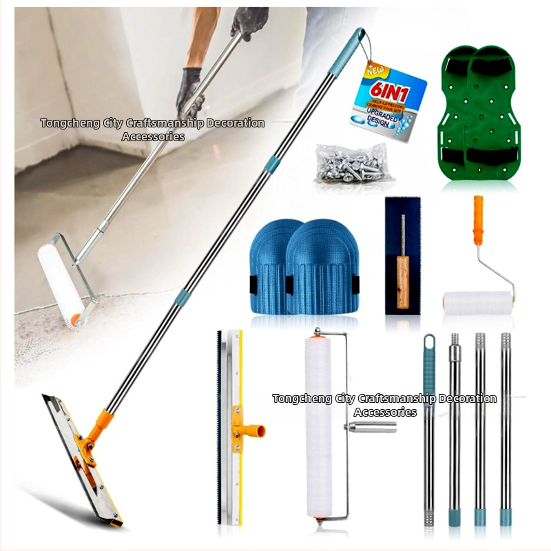 Set nástrojov pre cementové samo nivelovanie s valčekom na odstraňovanie bublín, defómingový valček a vyrovnávacou škrabkou — 5-dielny kovovo-plastový set pre domáce použitie