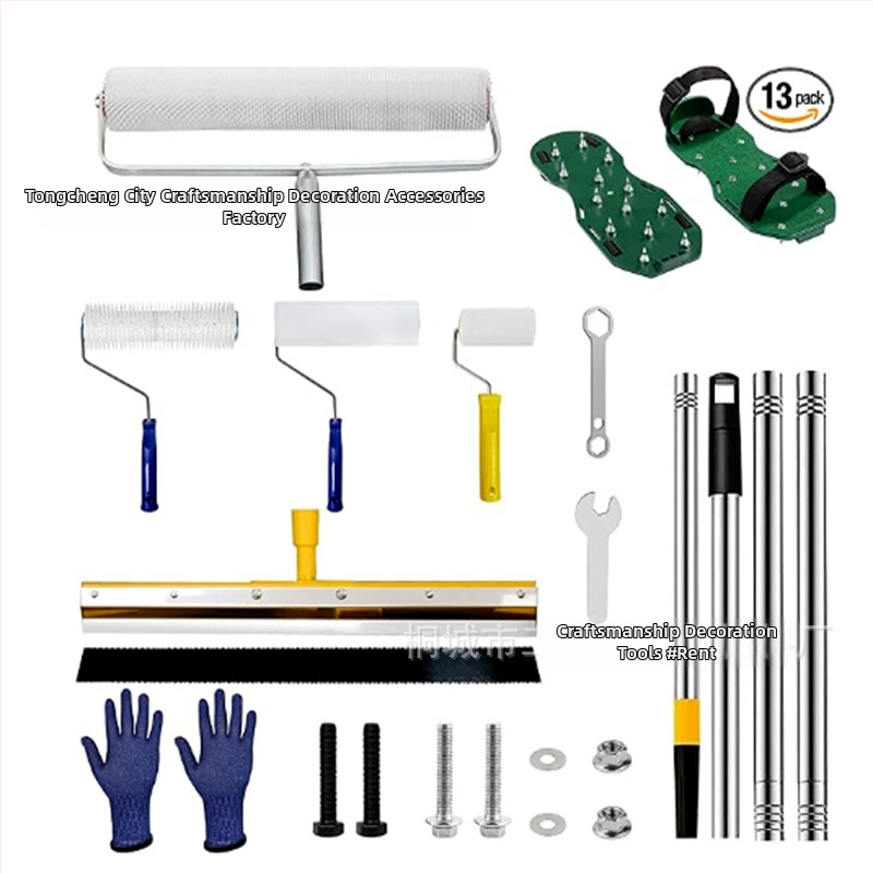 Set nástrojov pre cementové samo nivelovanie s valčekom na odstraňovanie bublín, defómingový valček a vyrovnávacou škrabkou — 5-dielny kovovo-plastový set pre domáce použitie