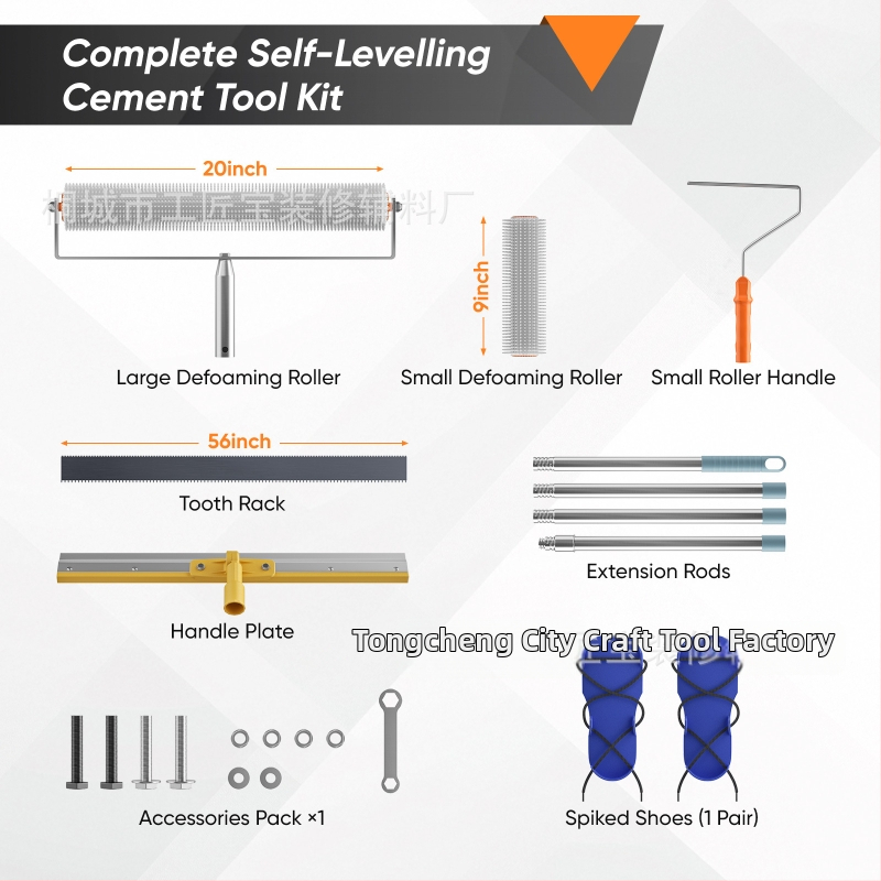 Set nástrojov pre cementové samo nivelovanie s valčekom na odstraňovanie bublín, defómingový valček a vyrovnávacou škrabkou — 5-dielny kovovo-plastový set pre domáce použitie