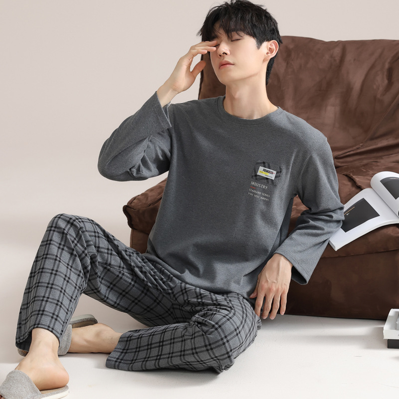 Vīriešu 100% kokvilnas pidžamu komplekts — apļveida kakla augšdaļa ar garām piedurknēm, bikses, rudens/ziemas ikdienas mājas apģērbs, arī ārpus mājas