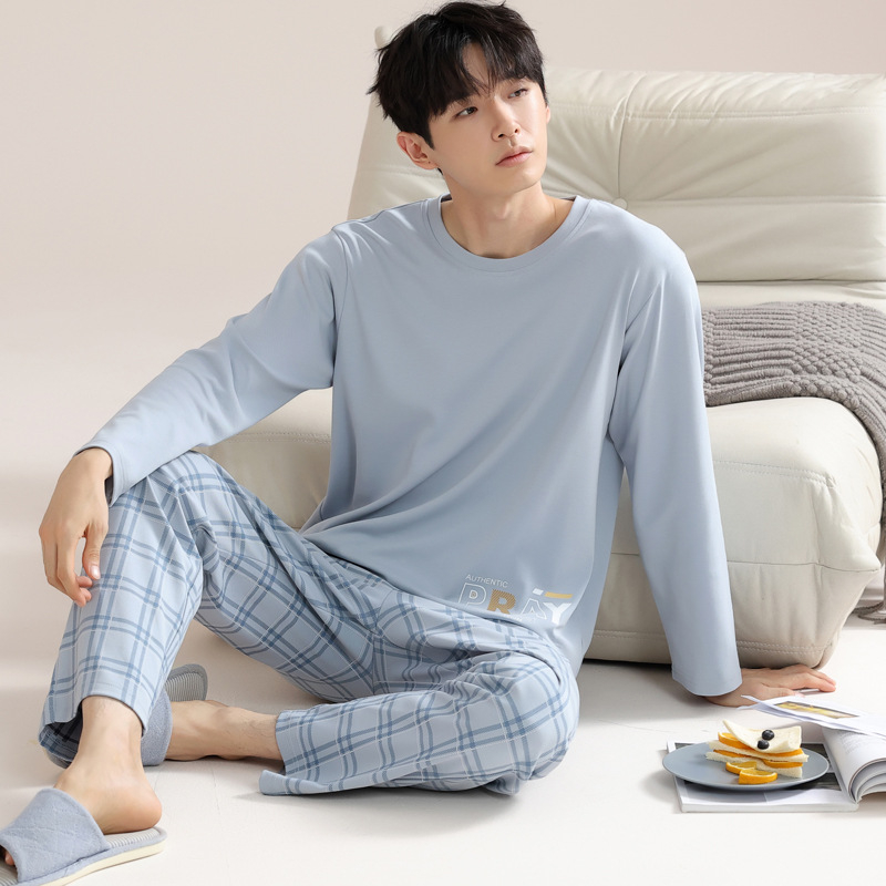 Vīriešu 100% kokvilnas pidžamu komplekts — apļveida kakla augšdaļa ar garām piedurknēm, bikses, rudens/ziemas ikdienas mājas apģērbs, arī ārpus mājas