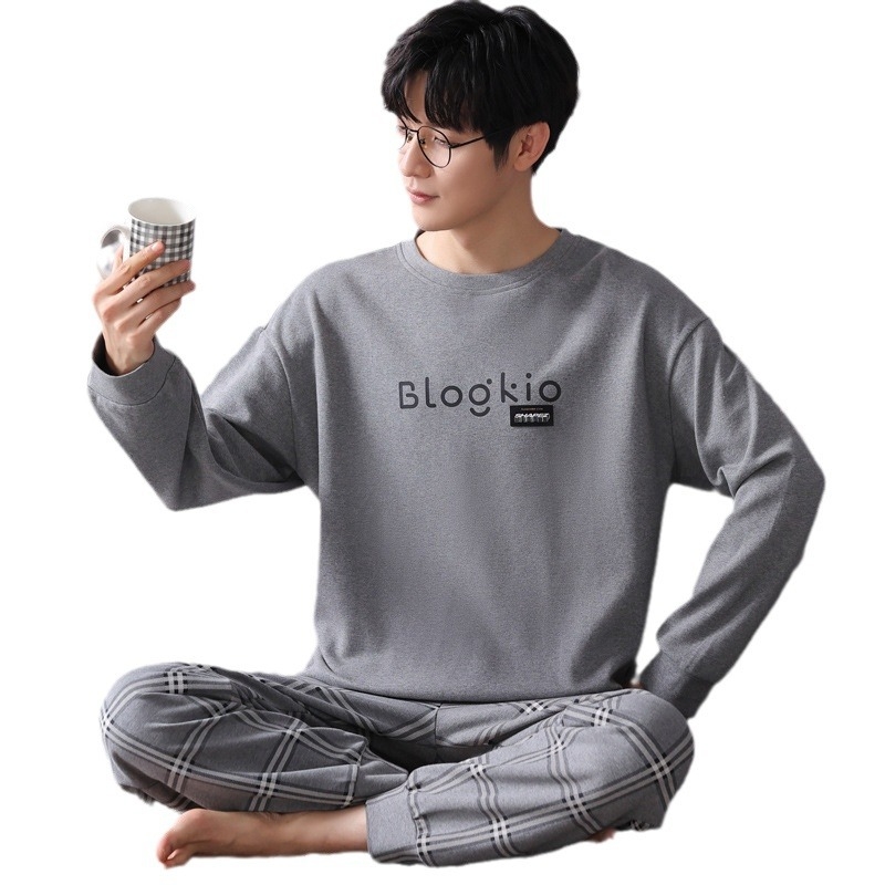 Vīriešu 100% kokvilnas pidžamu komplekts — apļveida kakla augšdaļa ar garām piedurknēm, bikses, rudens/ziemas ikdienas mājas apģērbs, arī ārpus mājas