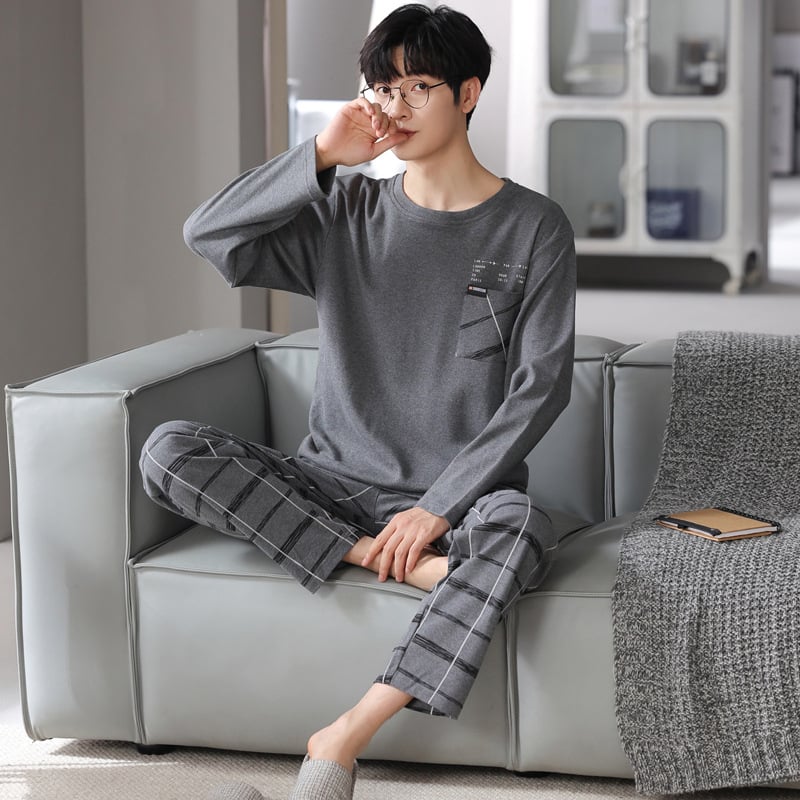 Vīriešu 100% kokvilnas pidžamu komplekts — apļveida kakla augšdaļa ar garām piedurknēm, bikses, rudens/ziemas ikdienas mājas apģērbs, arī ārpus mājas