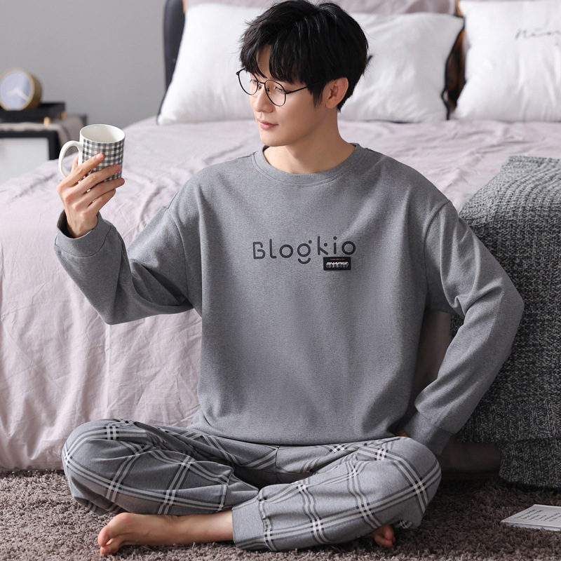 Vīriešu 100% kokvilnas pidžamu komplekts — apļveida kakla augšdaļa ar garām piedurknēm, bikses, rudens/ziemas ikdienas mājas apģērbs, arī ārpus mājas