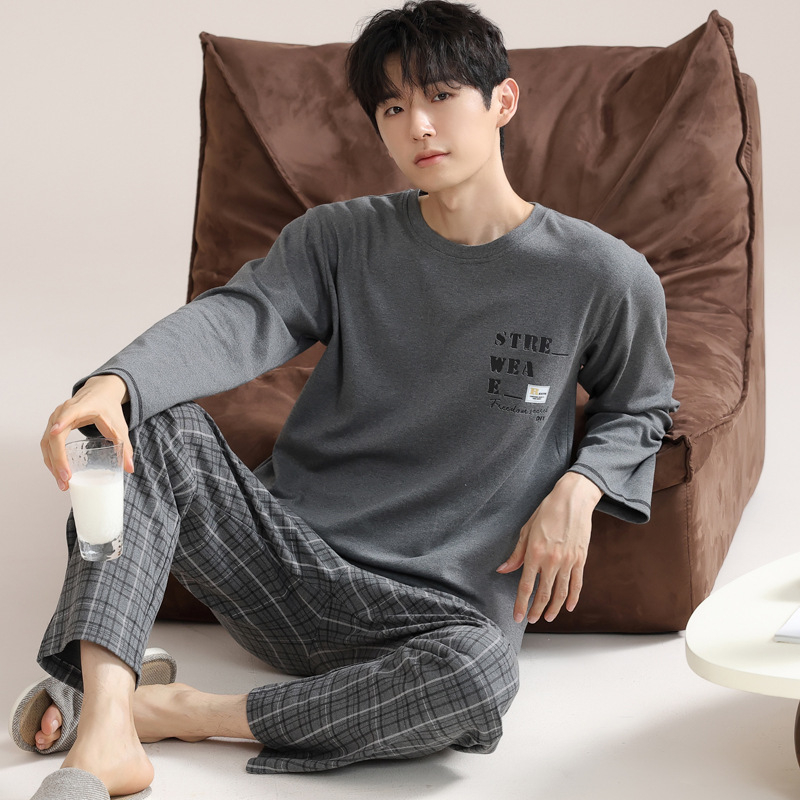Vīriešu 100% kokvilnas pidžamu komplekts — apļveida kakla augšdaļa ar garām piedurknēm, bikses, rudens/ziemas ikdienas mājas apģērbs, arī ārpus mājas