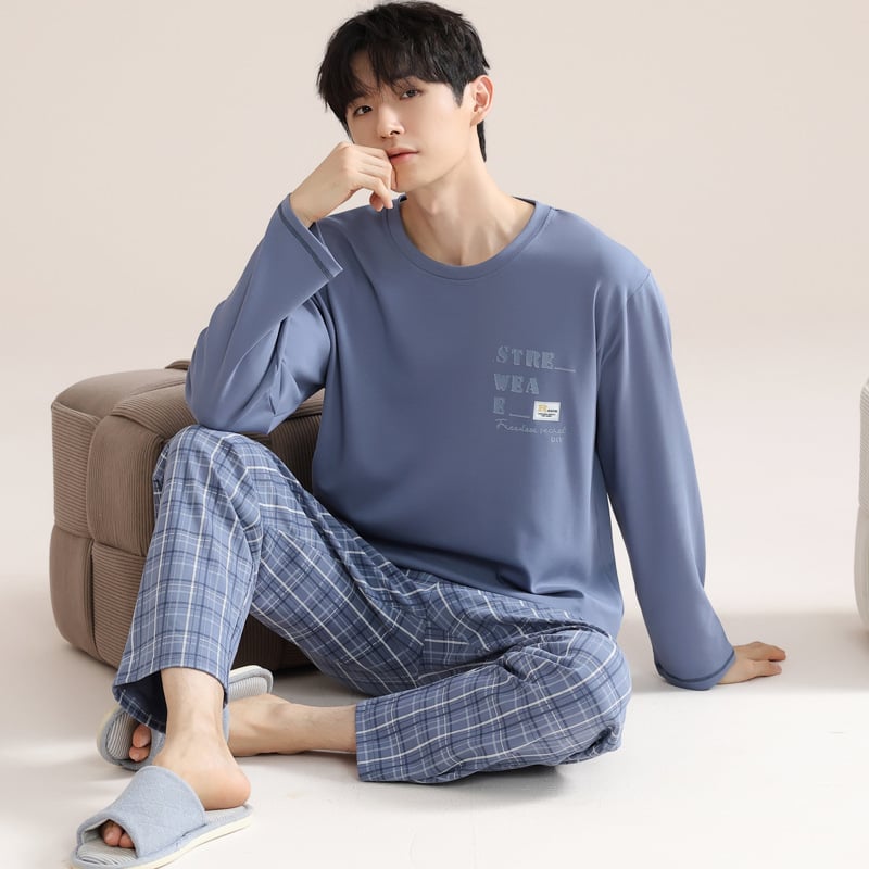 Vīriešu 100% kokvilnas pidžamu komplekts — apļveida kakla augšdaļa ar garām piedurknēm, bikses, rudens/ziemas ikdienas mājas apģērbs, arī ārpus mājas