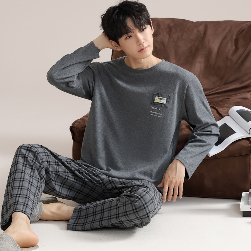 Vīriešu 100% kokvilnas pidžamu komplekts — apļveida kakla augšdaļa ar garām piedurknēm, bikses, rudens/ziemas ikdienas mājas apģērbs, arī ārpus mājas