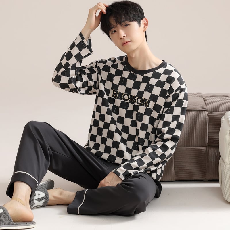 Vīriešu 100% kokvilnas pidžamu komplekts — apļveida kakla augšdaļa ar garām piedurknēm, bikses, rudens/ziemas ikdienas mājas apģērbs, arī ārpus mājas