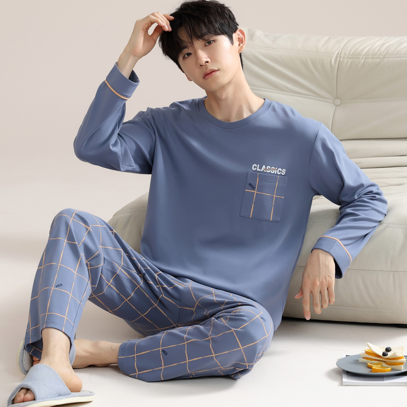 Vīriešu 100% kokvilnas pidžamu komplekts — apļveida kakla augšdaļa ar garām piedurknēm, bikses, rudens/ziemas ikdienas mājas apģērbs, arī ārpus mājas