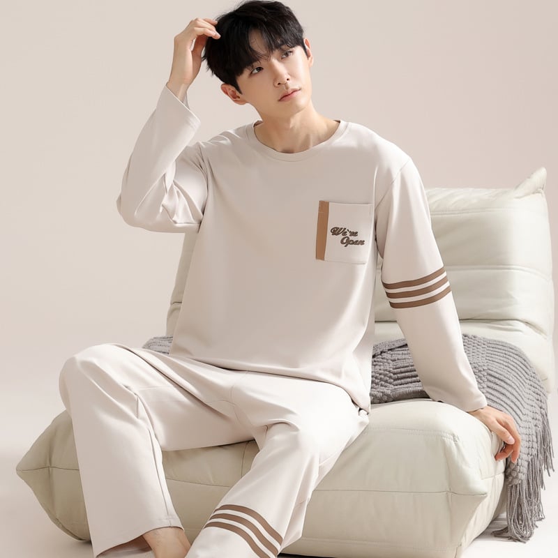 Vīriešu 100% kokvilnas pidžamu komplekts — apļveida kakla augšdaļa ar garām piedurknēm, bikses, rudens/ziemas ikdienas mājas apģērbs, arī ārpus mājas