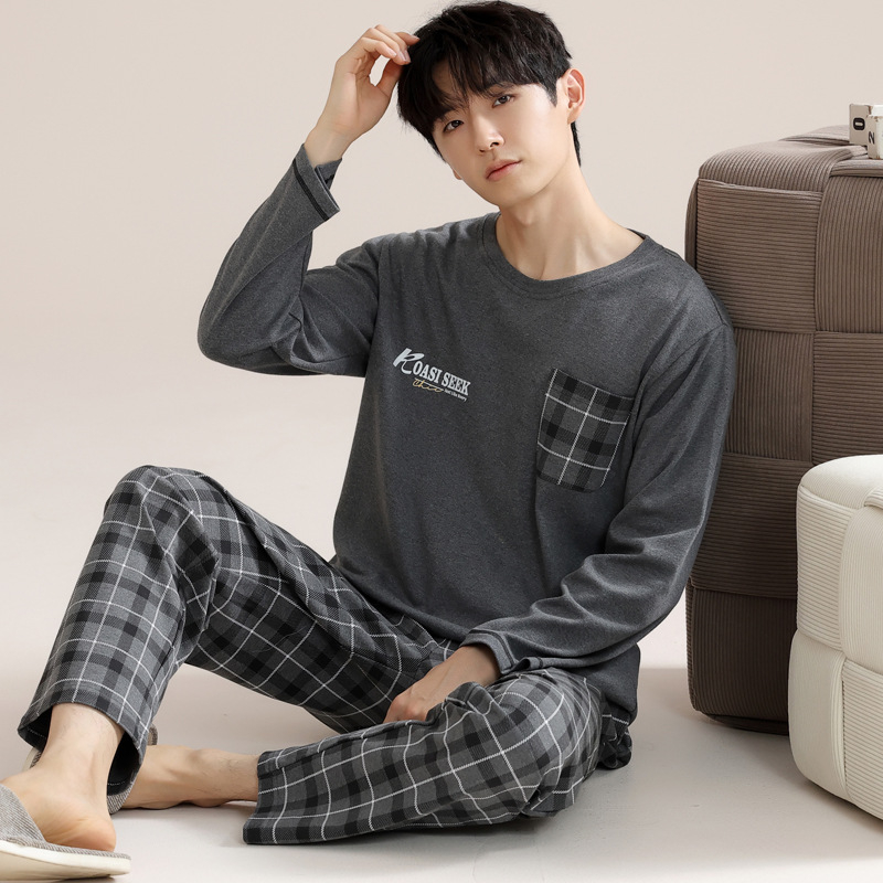 Vīriešu 100% kokvilnas pidžamu komplekts — apļveida kakla augšdaļa ar garām piedurknēm, bikses, rudens/ziemas ikdienas mājas apģērbs, arī ārpus mājas