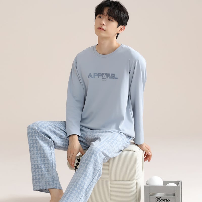 Vīriešu 100% kokvilnas pidžamu komplekts — apļveida kakla augšdaļa ar garām piedurknēm, bikses, rudens/ziemas ikdienas mājas apģērbs, arī ārpus mājas