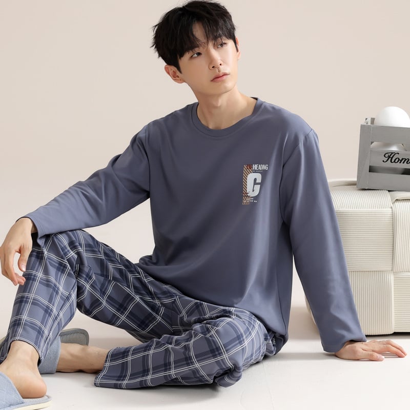 Vīriešu 100% kokvilnas pidžamu komplekts — apļveida kakla augšdaļa ar garām piedurknēm, bikses, rudens/ziemas ikdienas mājas apģērbs, arī ārpus mājas