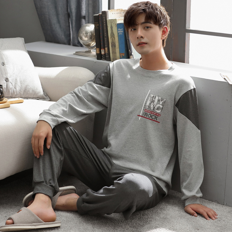 Vīriešu 100% kokvilnas pidžamu komplekts — apļveida kakla augšdaļa ar garām piedurknēm, bikses, rudens/ziemas ikdienas mājas apģērbs, arī ārpus mājas