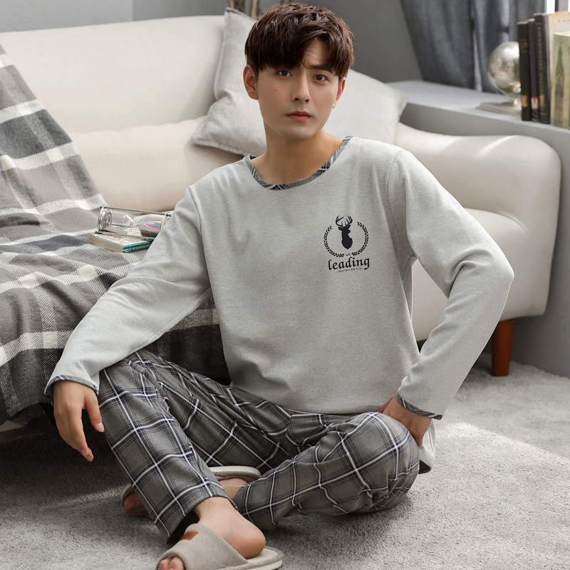 Vīriešu 100% kokvilnas pidžamu komplekts — apļveida kakla augšdaļa ar garām piedurknēm, bikses, rudens/ziemas ikdienas mājas apģērbs, arī ārpus mājas