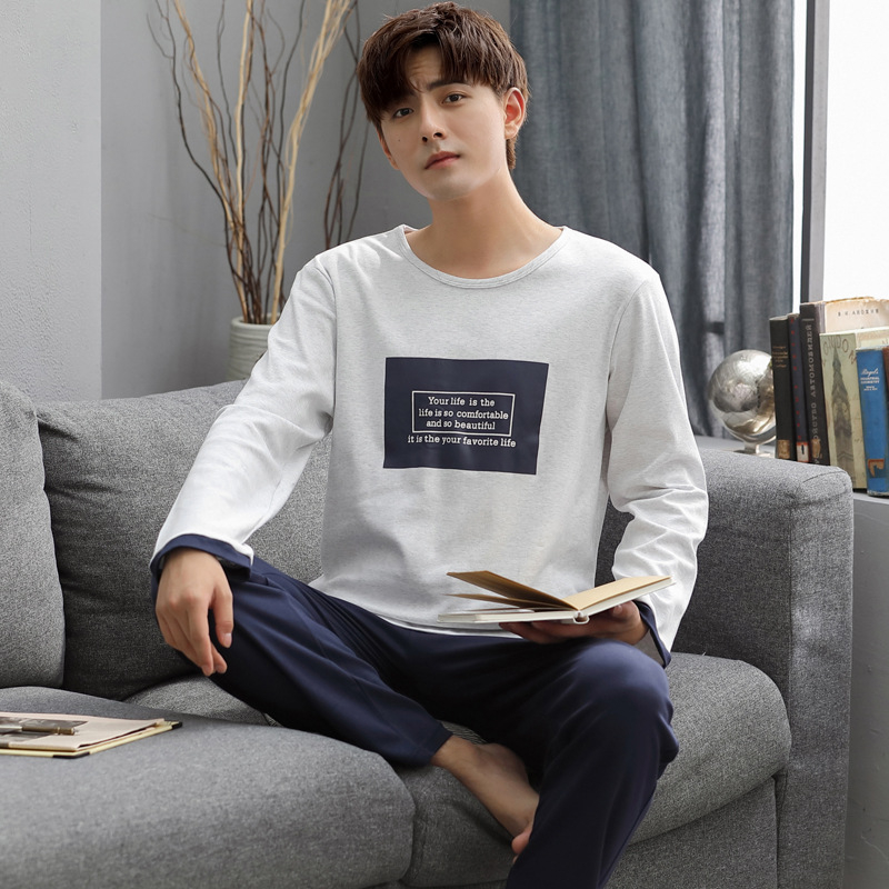 Vīriešu 100% kokvilnas pidžamu komplekts — apļveida kakla augšdaļa ar garām piedurknēm, bikses, rudens/ziemas ikdienas mājas apģērbs, arī ārpus mājas