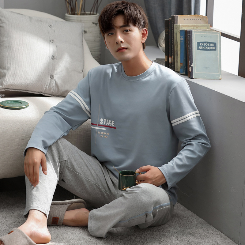 Vīriešu 100% kokvilnas pidžamu komplekts — apļveida kakla augšdaļa ar garām piedurknēm, bikses, rudens/ziemas ikdienas mājas apģērbs, arī ārpus mājas